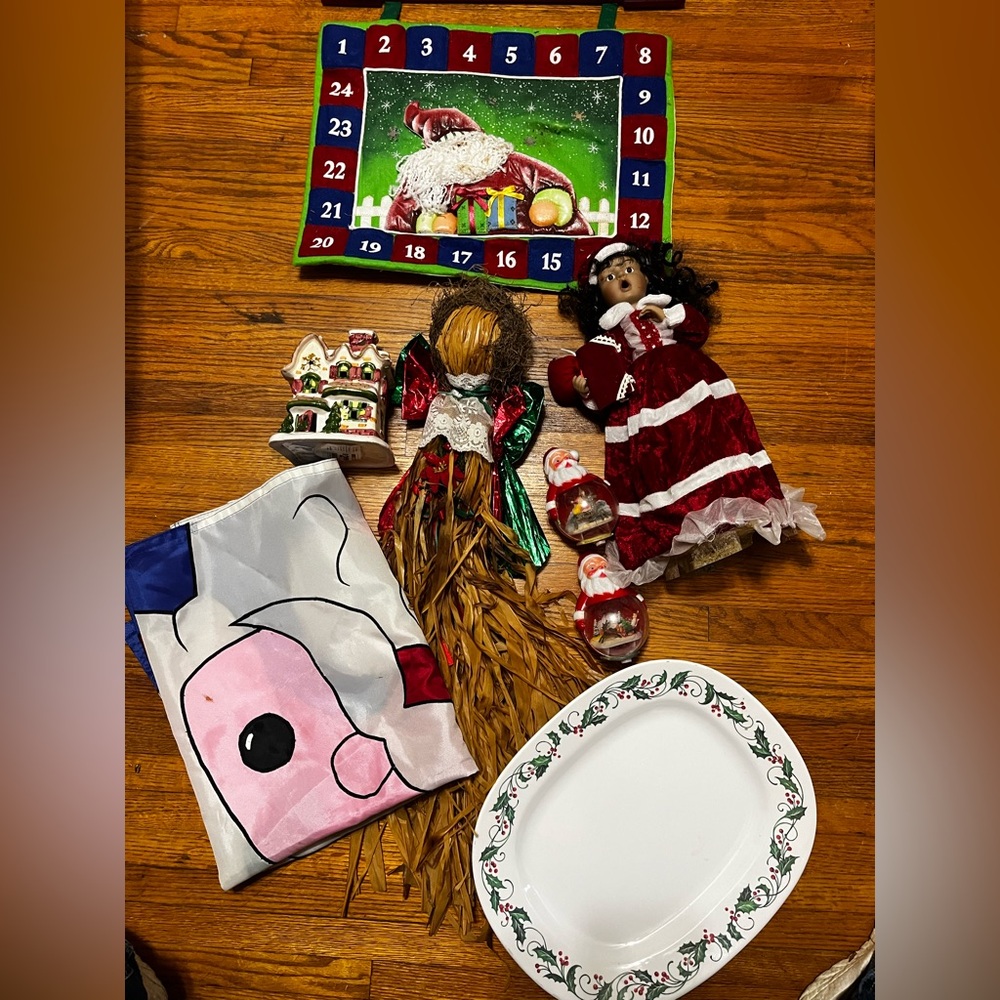 Festive Holiday Decor Set with Doll and Plate, santa flag, all shown